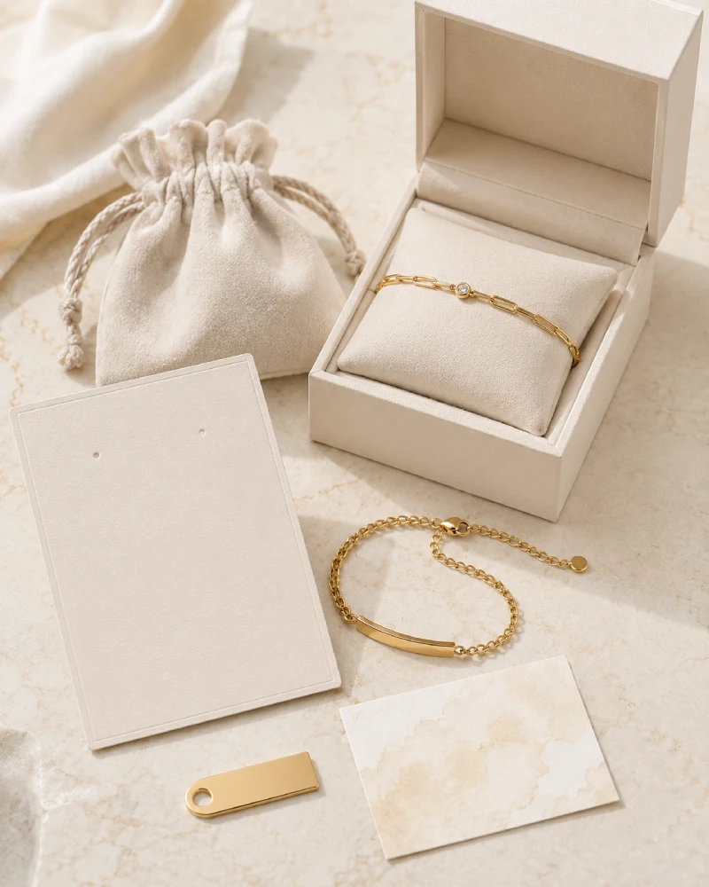 Custom branded bracelets displayed with private label jewelry packaging
