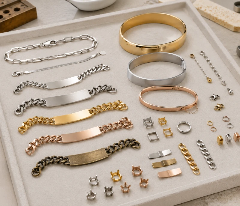 Sterling silver, stainless steel, and brass bracelet samples with different plating finishes