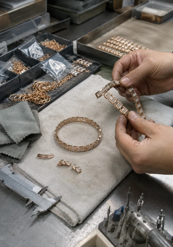 Custom bracelet samples, approved specifications, and bulk production preparation at a jewelry factory