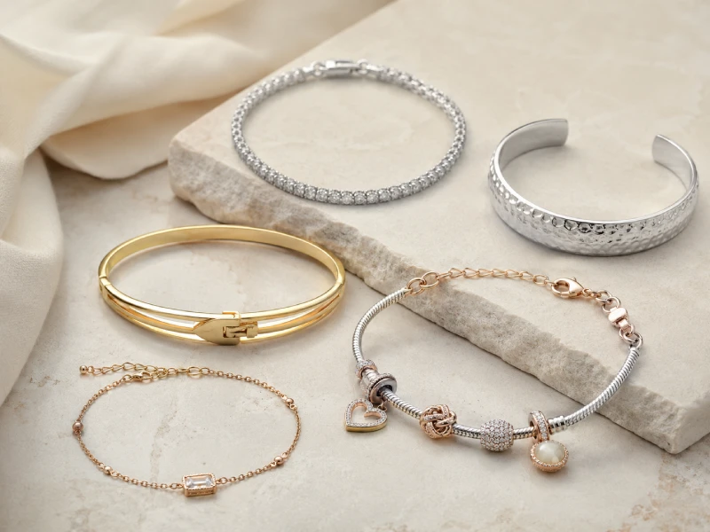 Custom gold chain, charm, and bangle bracelet samples for OEM and private label jewelry manufacturing