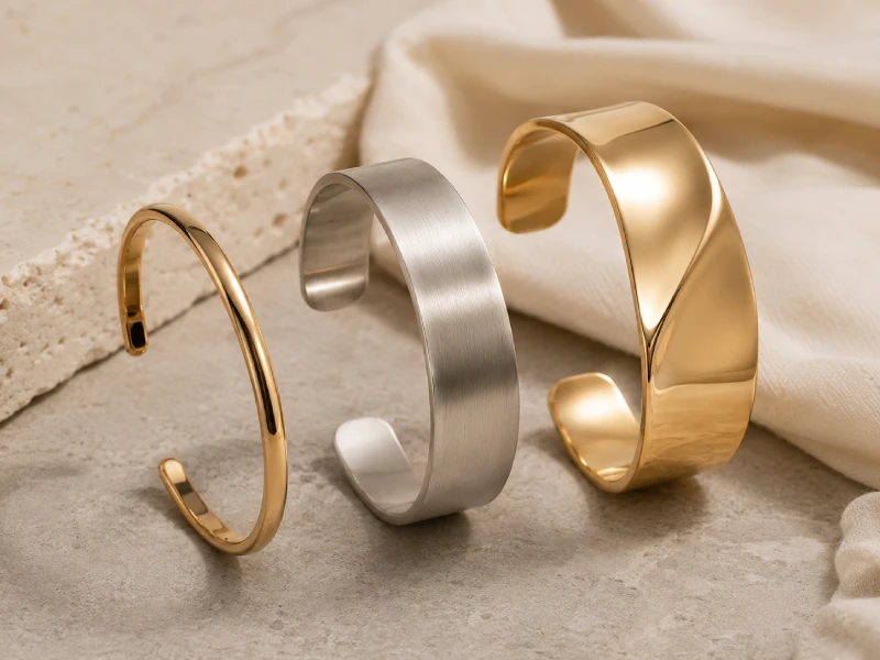 Custom cuff bracelets with polished and textured metal finishes