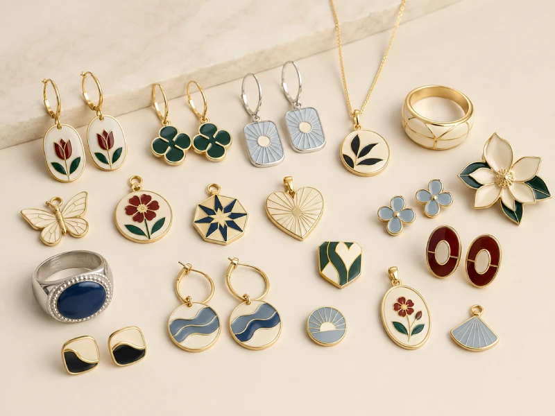 Custom enamel earrings charms pendants badges and colorful branded jewelry details