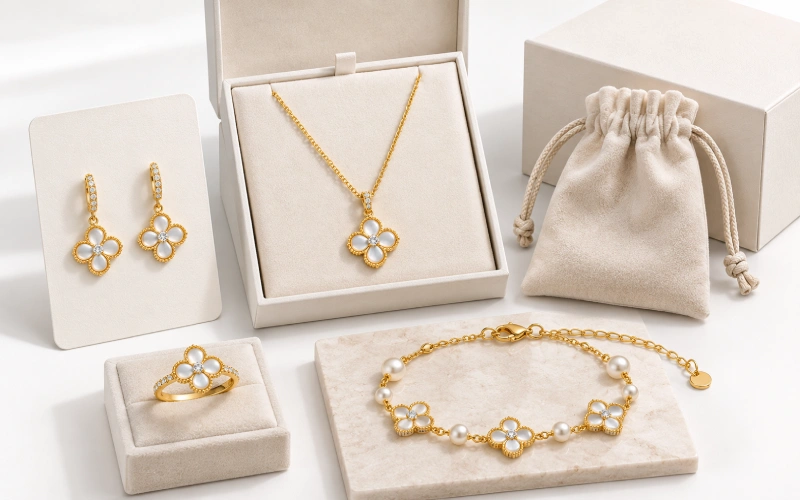 Private label jewelry set with custom card pouch and branded packaging