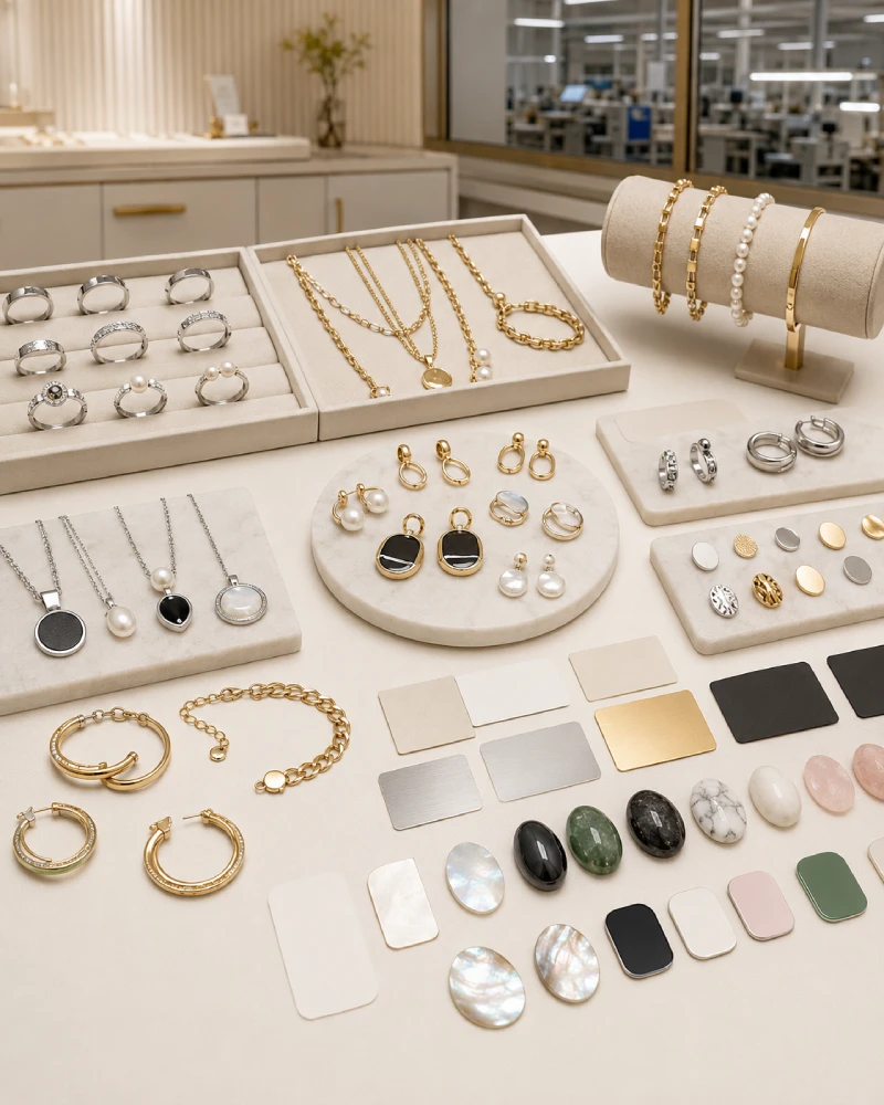 Custom jewelry material and finish samples including sterling silver, stainless steel, gold plated, pearl, enamel, natural stone and shell jewelry