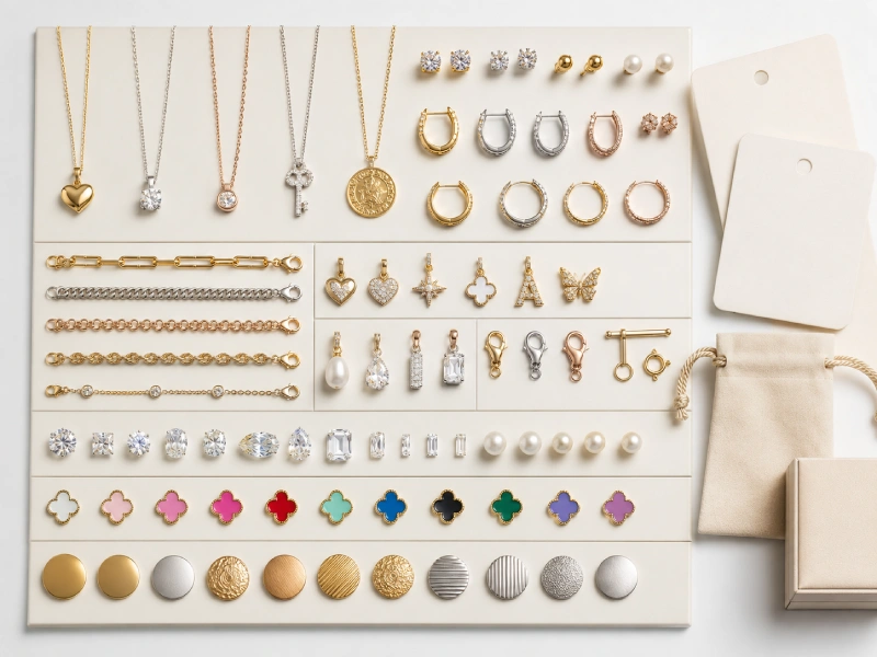 Custom jewelry material samples, finish options and packaging references for brand development