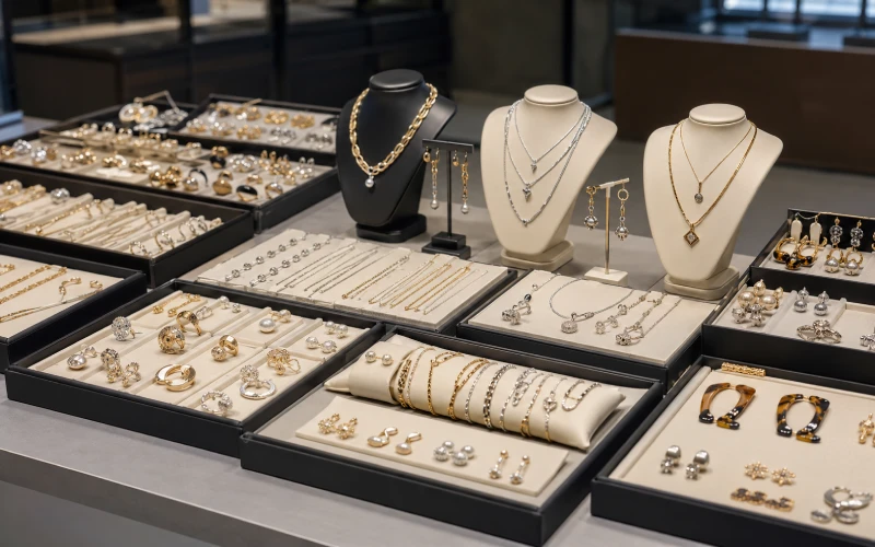 Custom necklaces earrings rings and bracelets displayed for buyer review at Jinnuo Jewelry