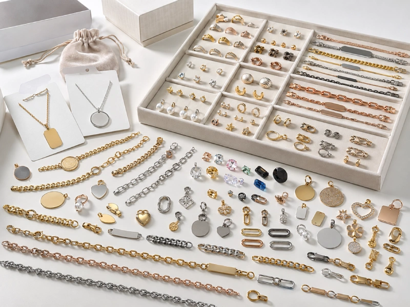 Custom jewelry samples with rings, earrings, necklaces, plating swatches, stones, logo tags, and packaging cards