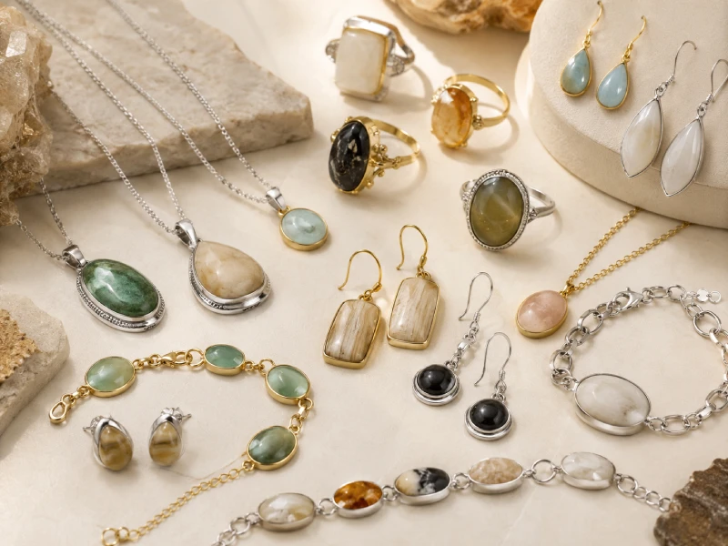 Custom natural stone rings earrings necklaces and pendants with varied colors and patterns