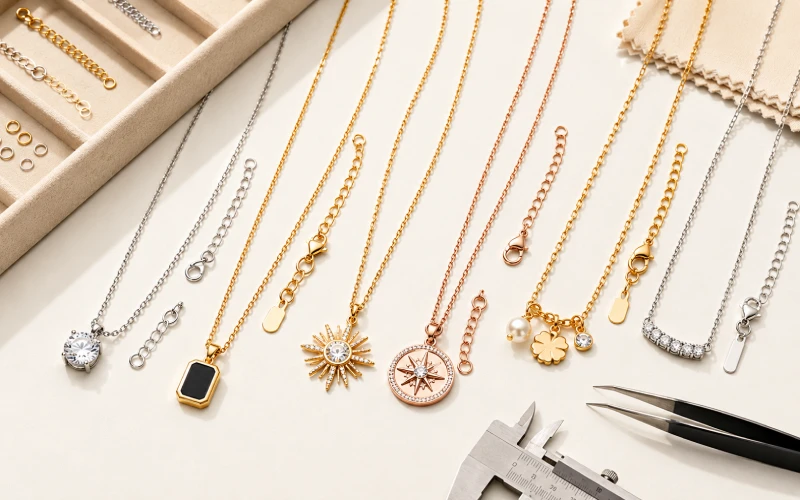 Custom necklace design review with pendant size, chain length, clasp, and packaging details