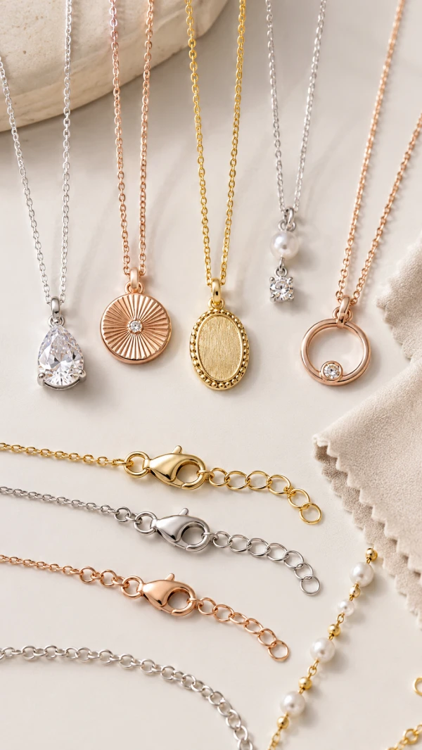 Custom necklace materials, plating colors, pendant finishes, and chain samples for OEM jewelry manufacturing