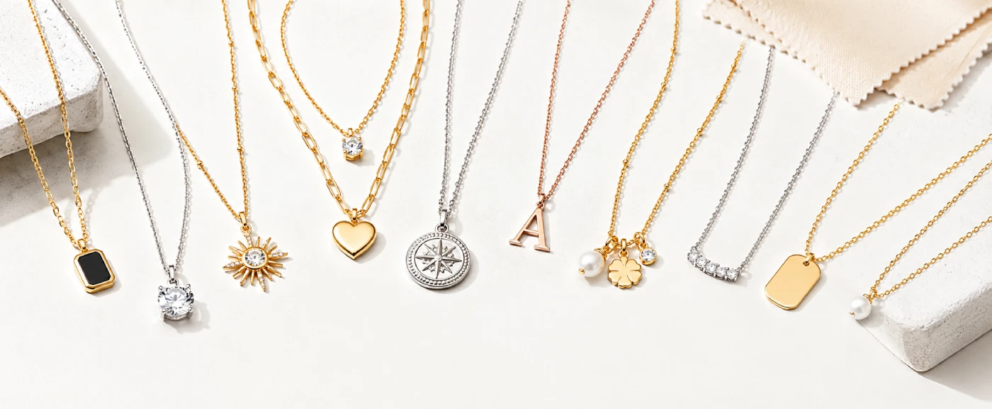 Custom pendant necklaces, chain necklaces, charm necklaces, layered necklaces, and private label necklace samples