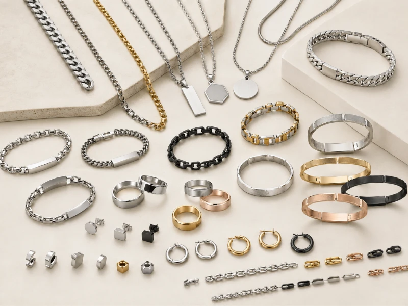 Custom stainless steel rings chains bracelets earrings and pendants with polished brushed and plated finishes