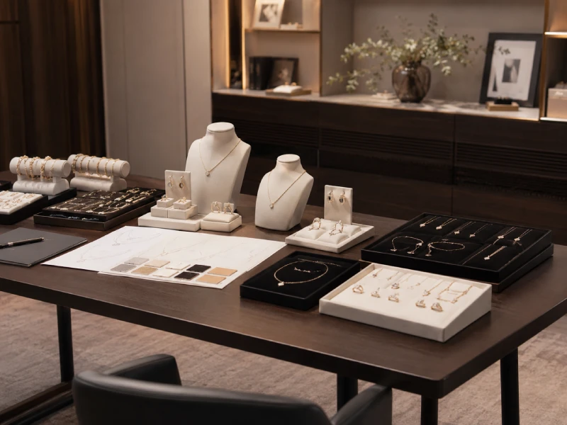 Jewelry samples prepared for international buyer review at Jinnuo Jewelry