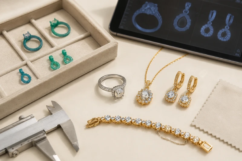 Jewelry CAD design process showing sketches, 3D model review, sample pieces, and design tools