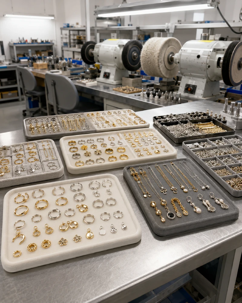 Jinnuo custom jewelry polishing workshop with production workstations and factory personnel