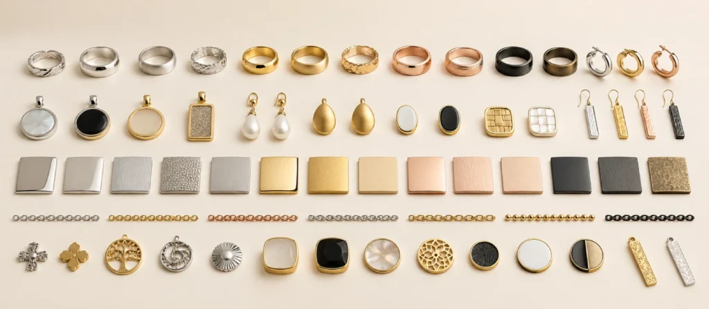 Custom jewelry finish samples showing polished matte brushed gold plated silver tone black enamel and textured surfaces
