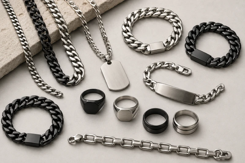 Men's stainless steel jewelry with chains, bracelets, rings, and black PVD finish