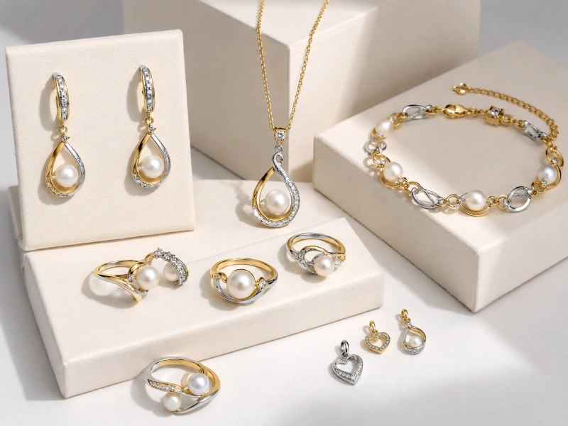 ODM jewelry collection mood board with earrings, necklaces, rings, stone swatches, and brand color cards