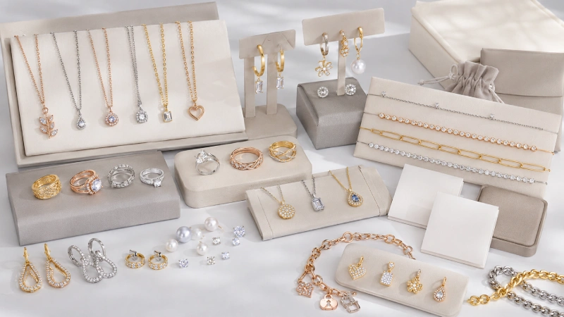 ODM jewelry mood board with samples, sketches, material swatches, and private label packaging