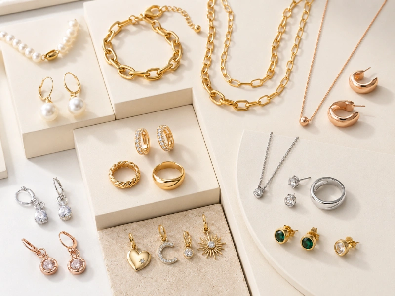 ODM jewelry style direction samples with pearl, chain, charm, and plated finish ideas