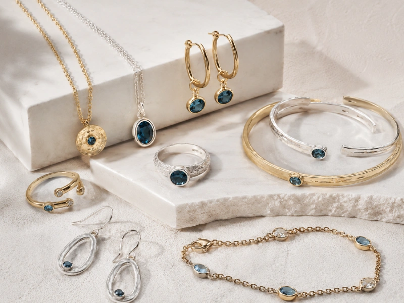 Private label 925 sterling silver jewelry collection with earrings necklaces rings bracelets and branded packaging