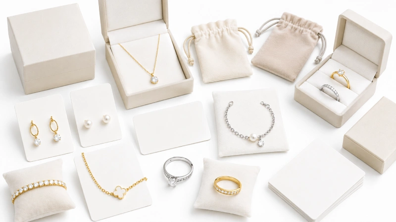 Private label custom jewelry packaging with cards pouches and gift boxes