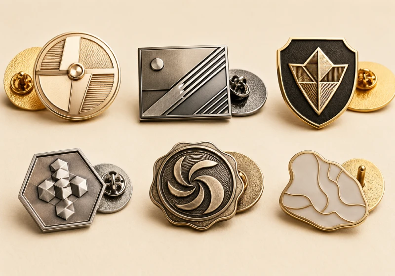 Custom metal badges with logo, enamel, and plating details
