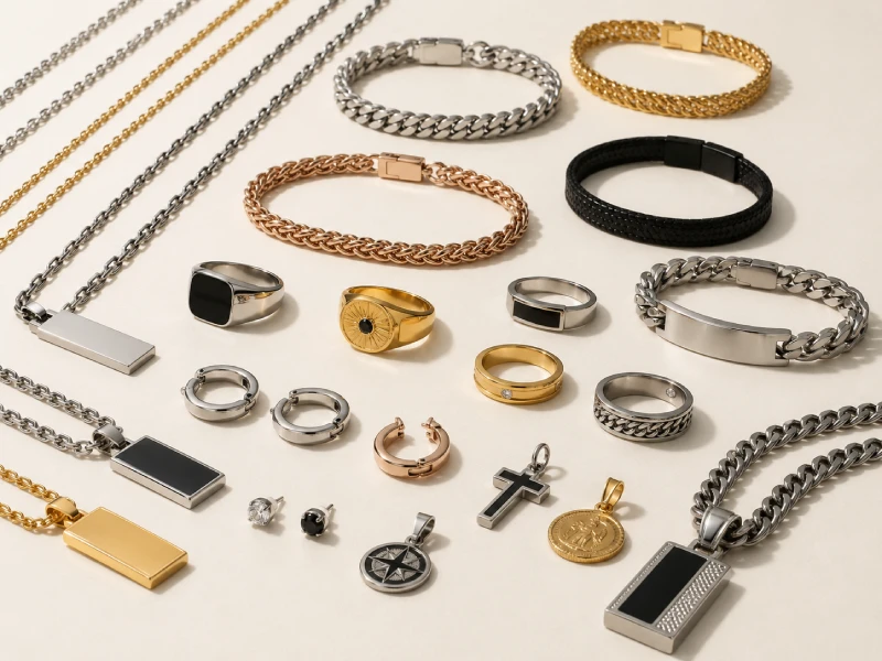 Custom stainless steel jewelry collection with rings, chains, bracelets, earrings, and pendants