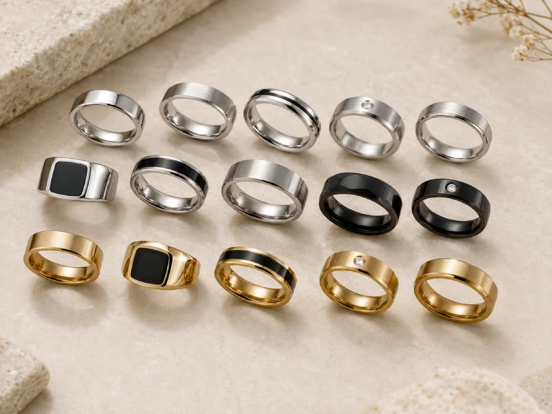 Custom stainless steel rings with polished and black PVD finishes
