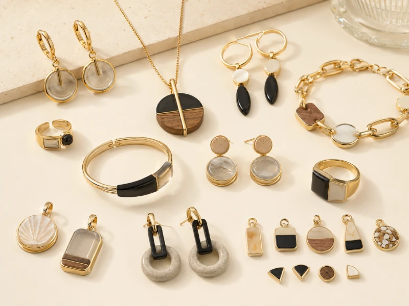 Mixed material custom jewelry using glass resin ceramic wood shell and natural texture details