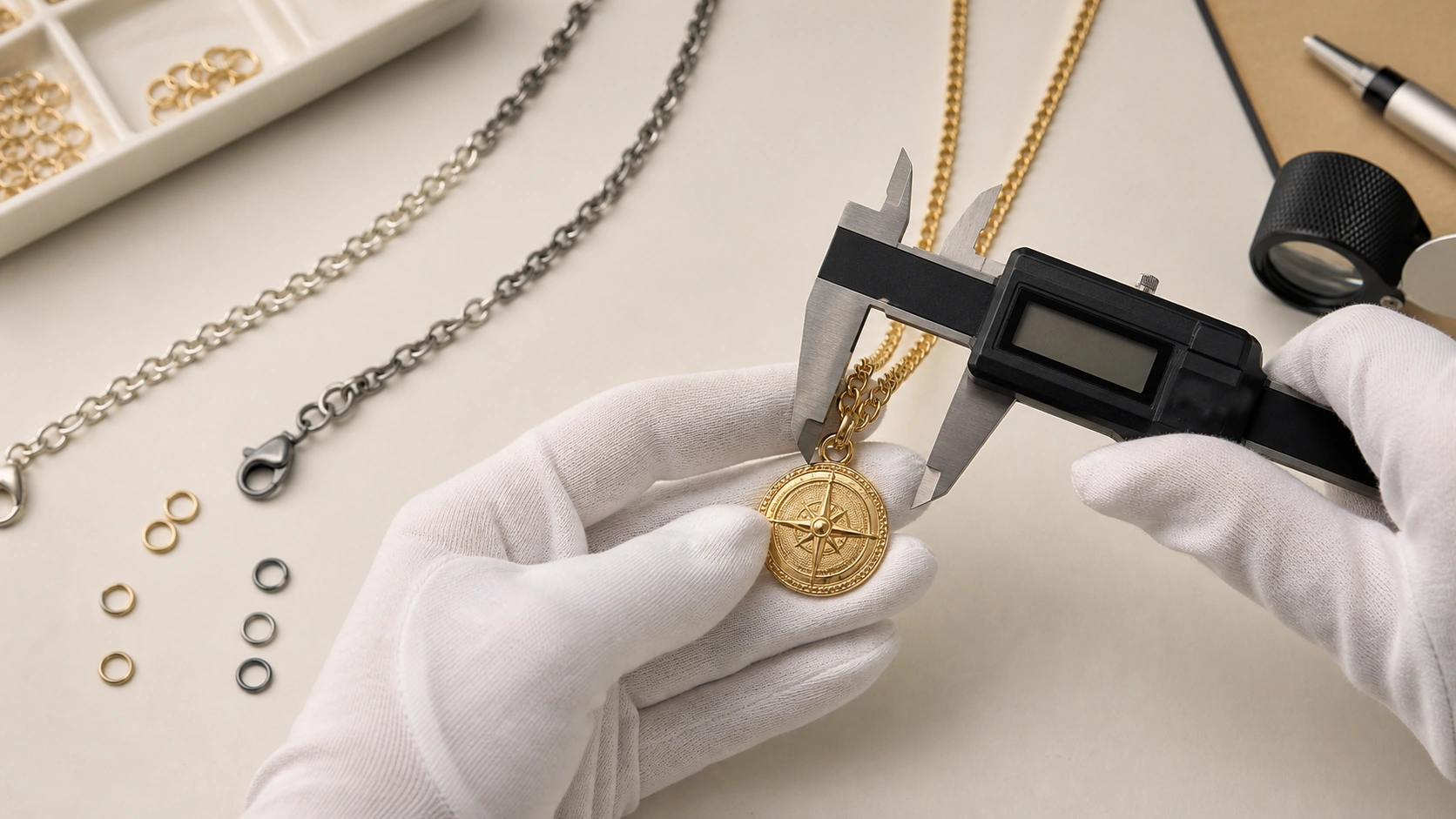 Technician inspecting a custom necklace pendant and chain samples before production