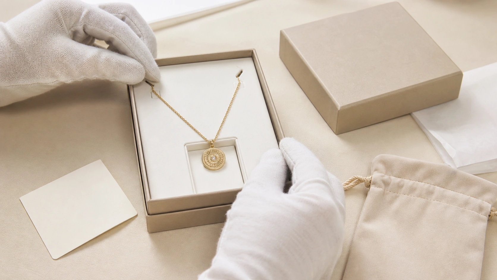Necklace secured in a packaging insert to reduce tangling and pendant movement