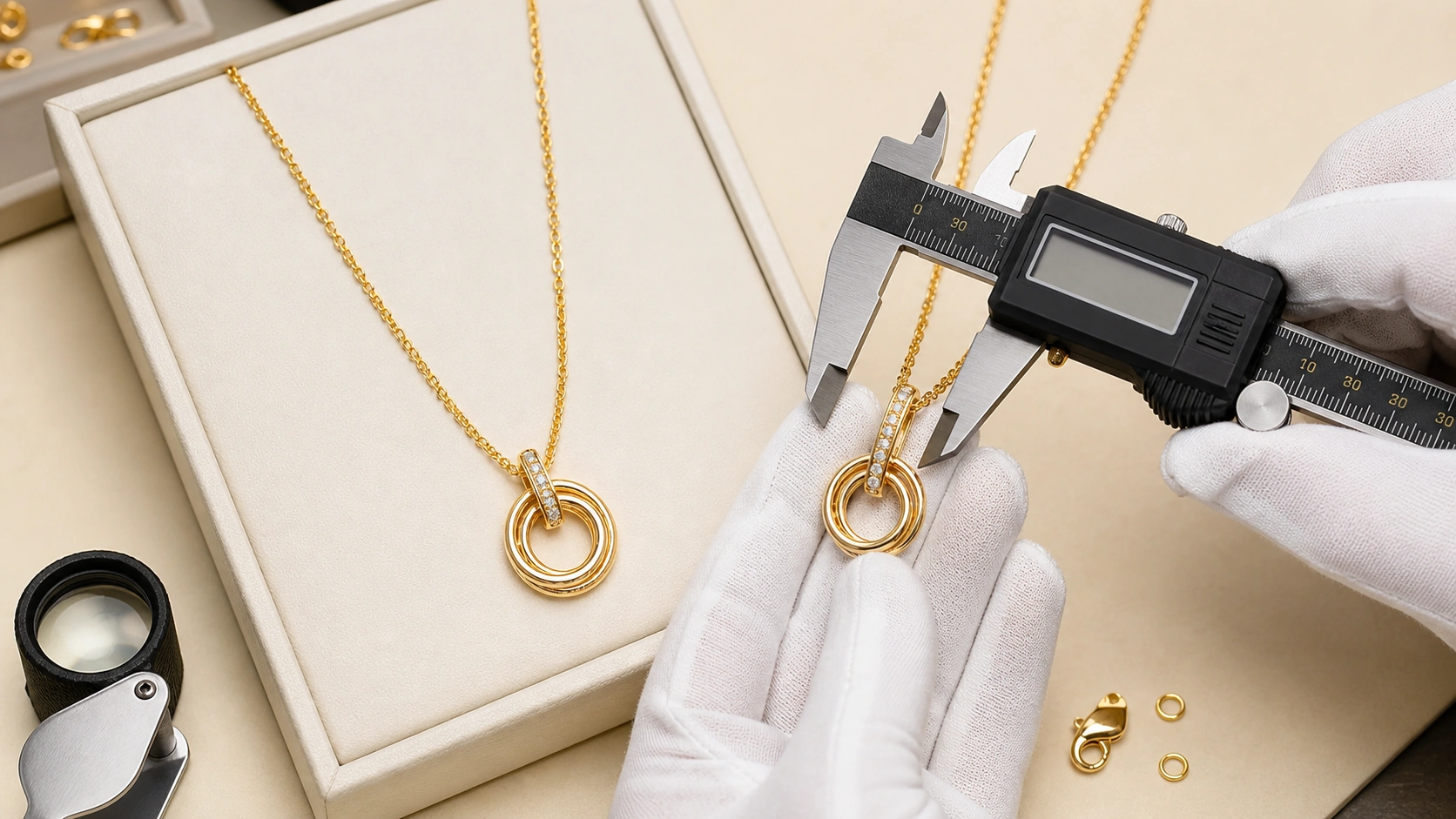 Technician comparing an approved necklace sample with a first production unit