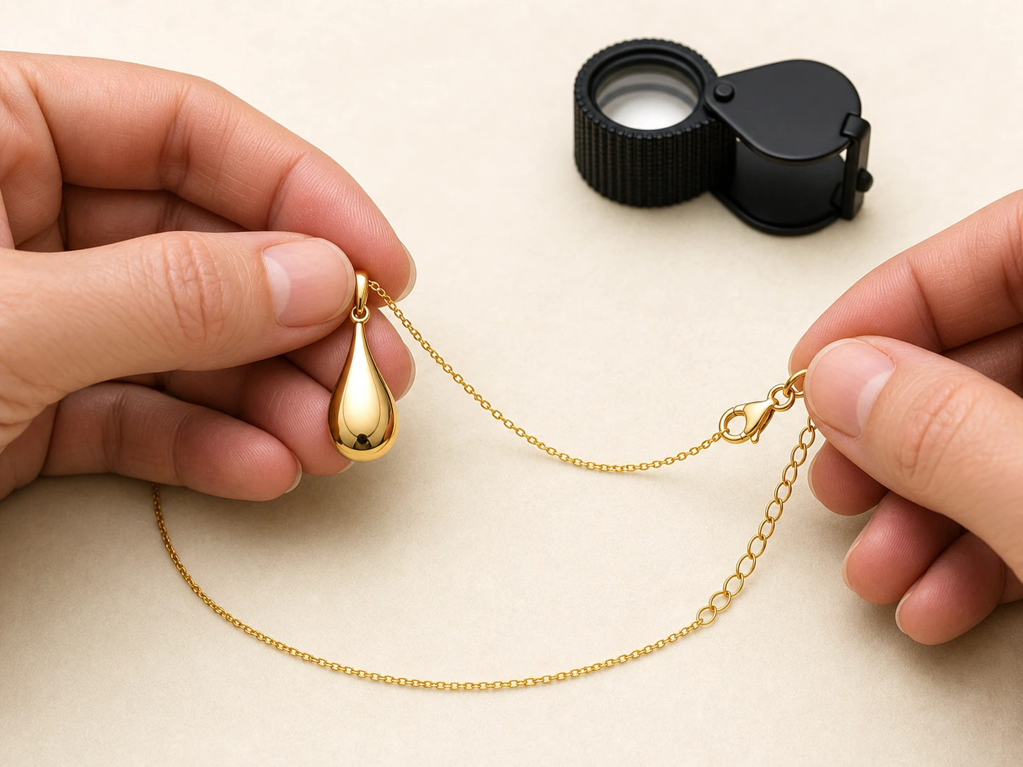 Technician inspecting pendant, bail, chain, clasp, and finish on a custom necklace sample