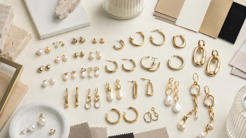 Private label earring collection planning board with coordinated studs, hoops, huggies, and dangle earrings