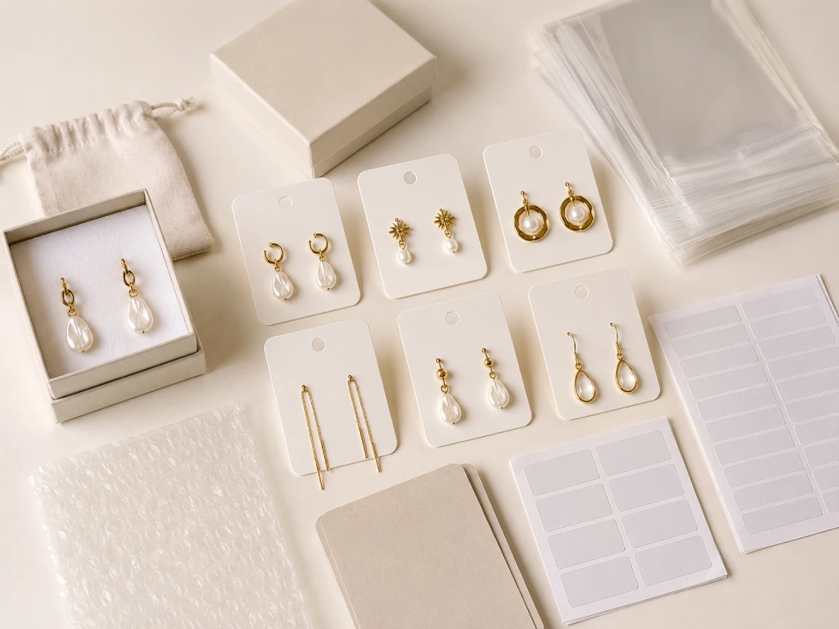 Private label earring packaging with cards, boxes, pouches, SKU labels, and barcode preparation