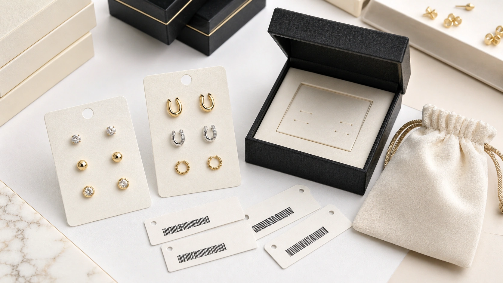Private label earring packaging system with cards, boxes, pouches, and barcode labels