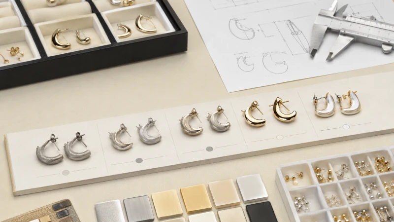 Private label earring samples showing structural review, finish approval, and final production sample
