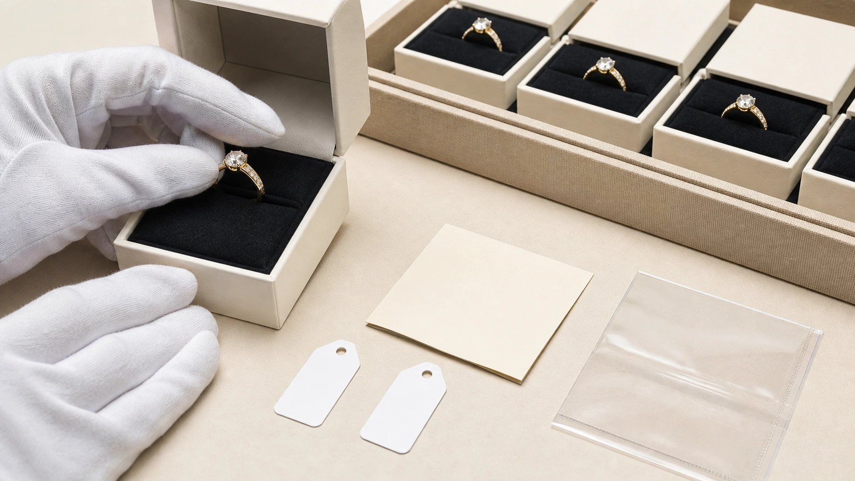 Stone-set ring being secured in a fitted box insert before wholesale packing