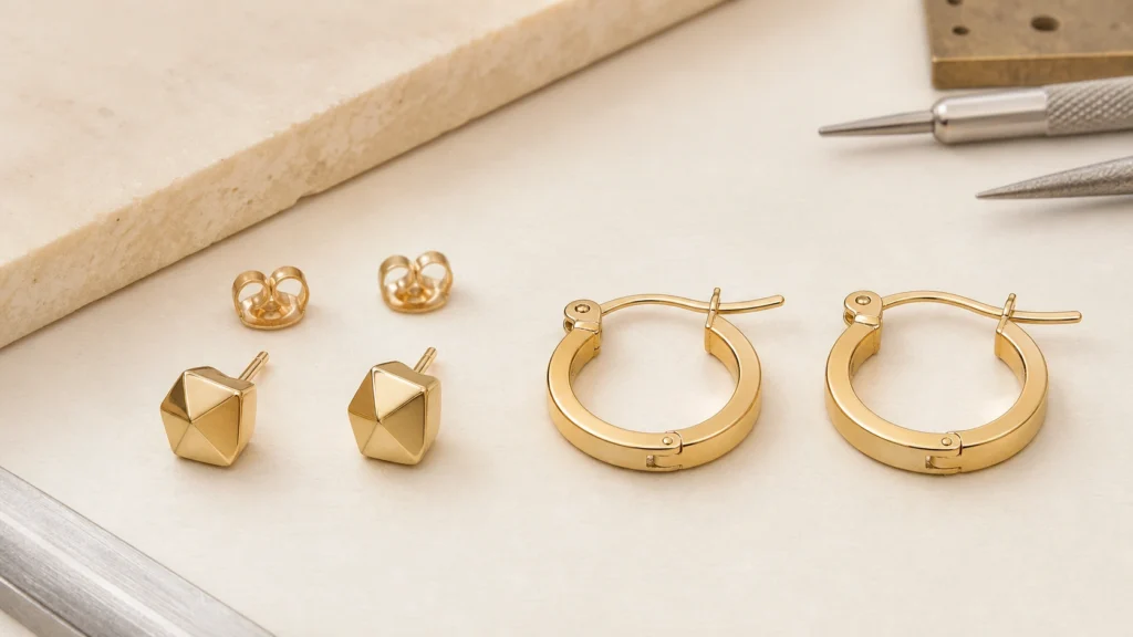 Stud earrings and hoop earrings compared on a jewelry brand development worktable