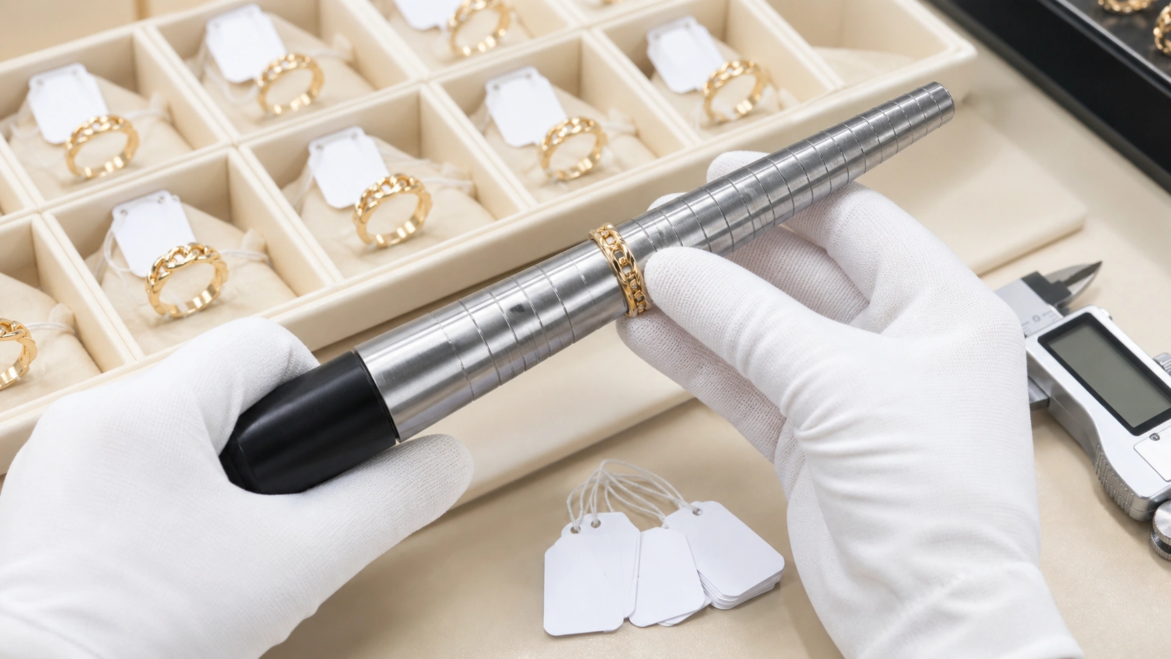 Technician verifying ring sizes before a wholesale jewelry order is packed