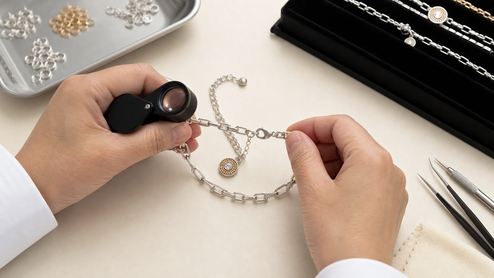 Technician inspecting a bracelet clasp, extender, and chain connections