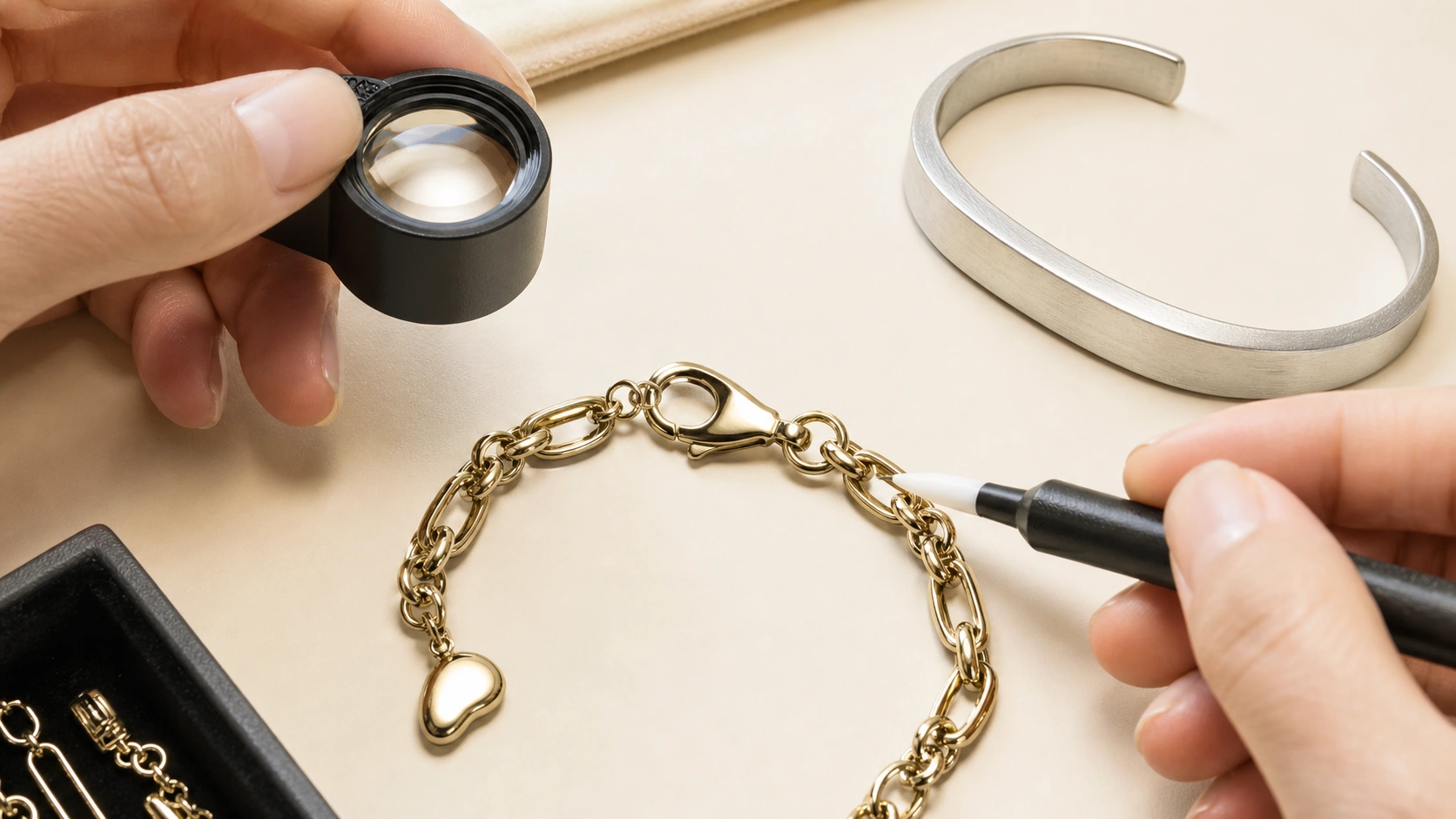 Technician inspecting bracelet finish coverage at a clasp and connection point