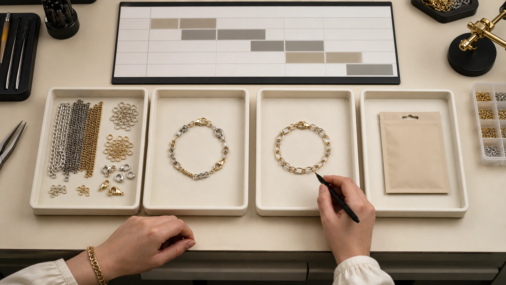 Bracelet production planner reviewing components and an unmarked schedule board