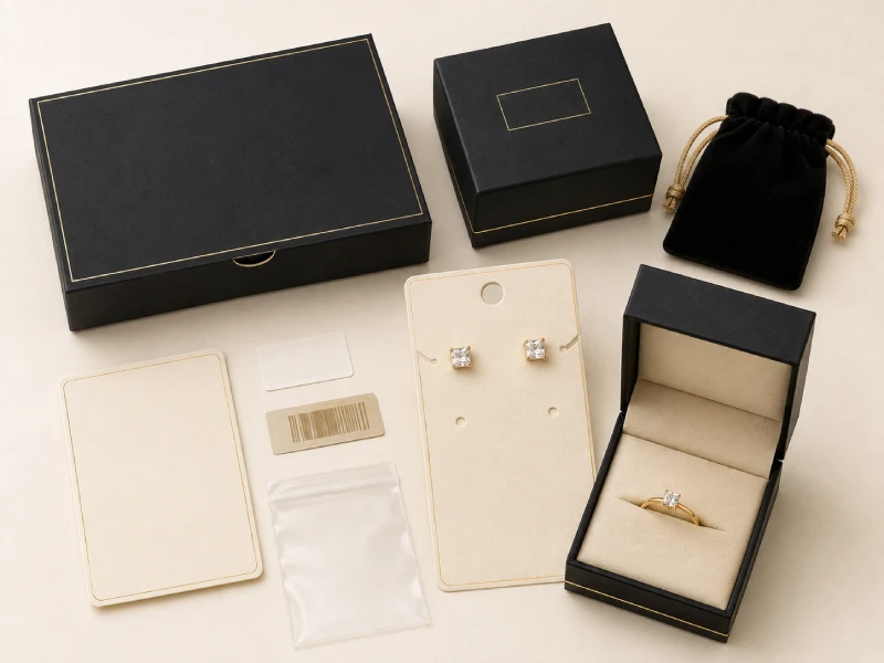 Branded jewelry cards, boxes, pouches, barcode labels and SKU labels prepared for retail