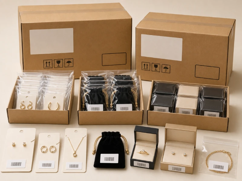 Packaged private label jewelry organized by SKU with barcode labels, inner packs and export cartons