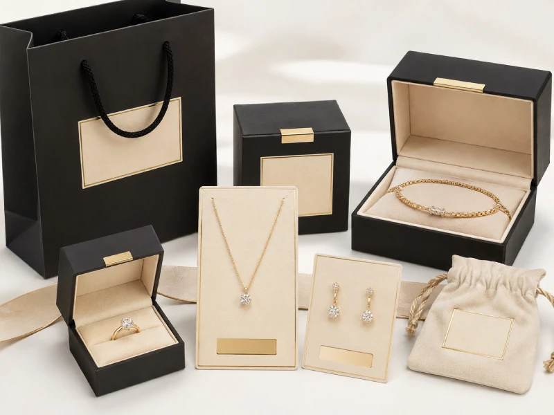 Coordinated private label jewelry packaging with cards, boxes, pouches and product labels