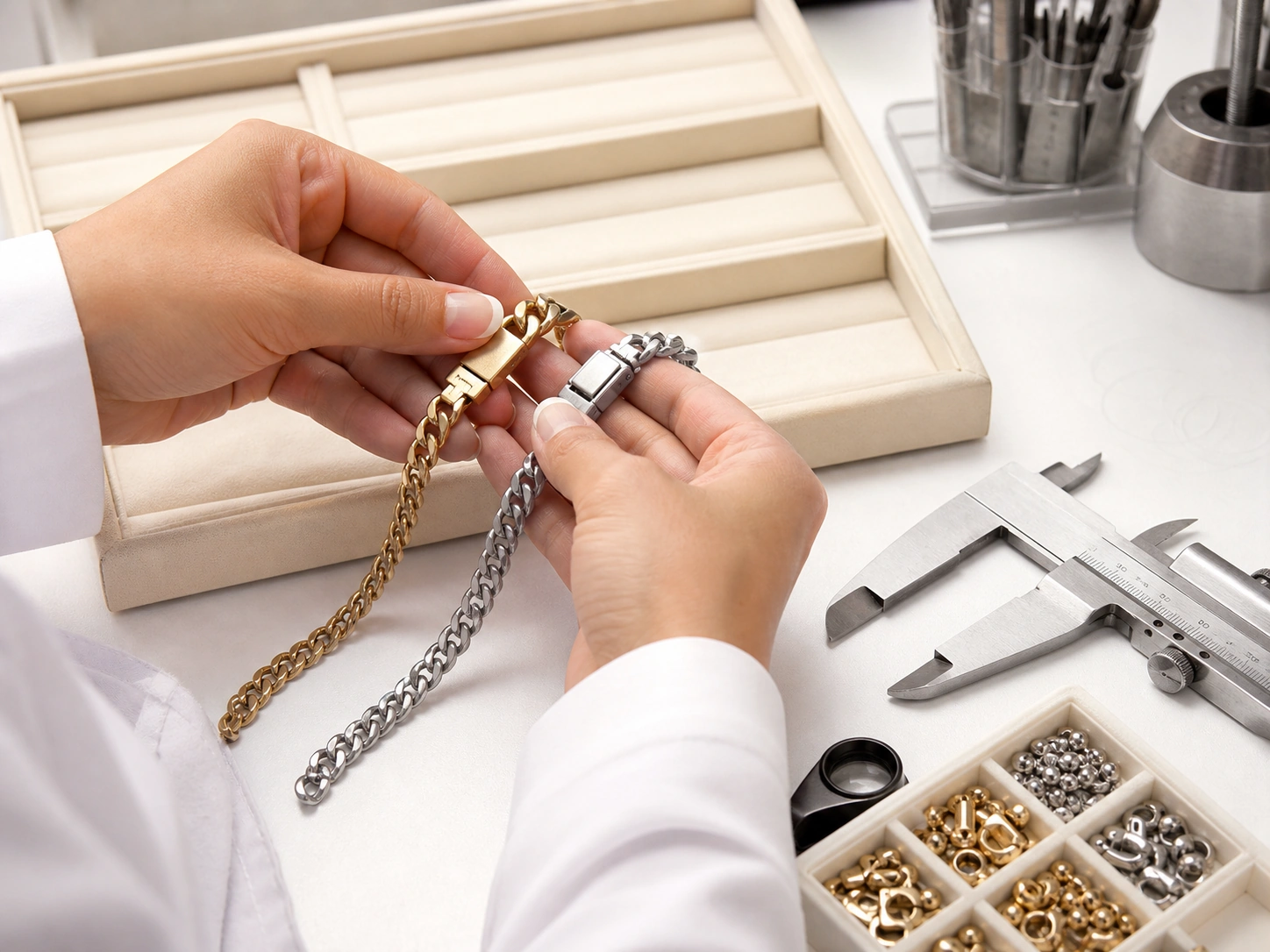 Technician comparing the clasps and finishes of two custom jewelry samples at an inspection bench