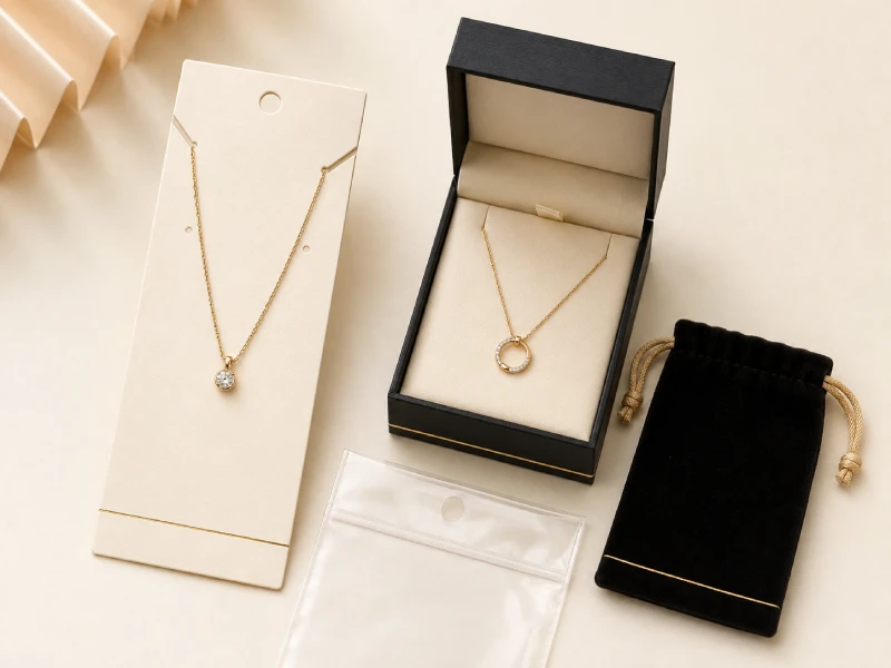 Custom necklace cards and jewelry boxes with secure chain positioning