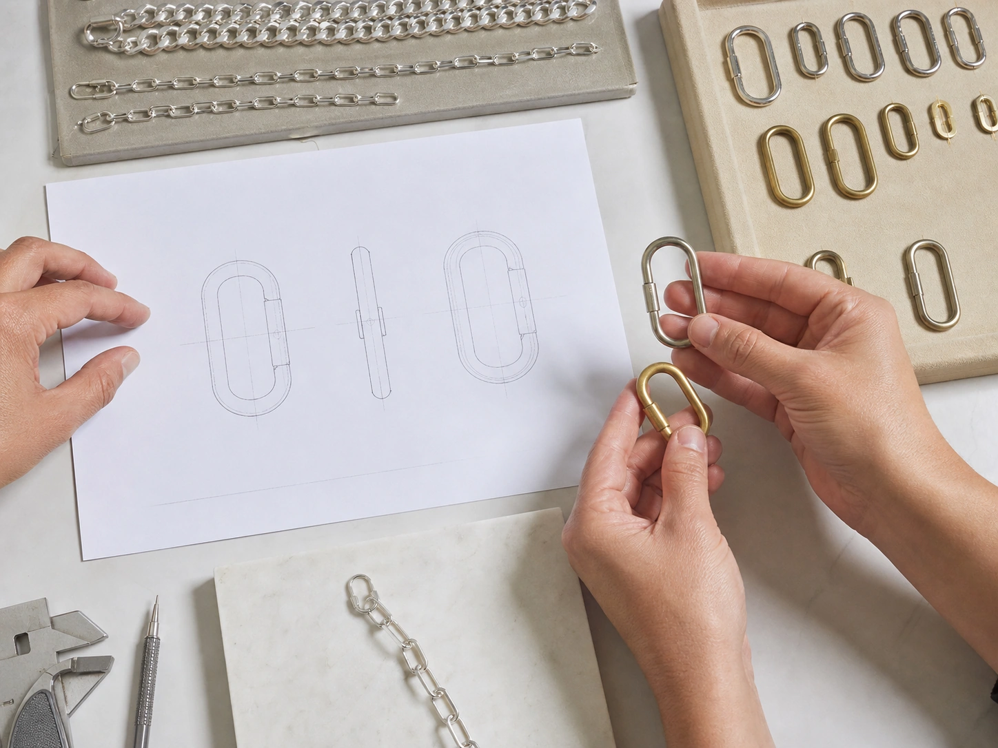 Technicians comparing jewelry component drawings with silver and brass prototypes at an approval point